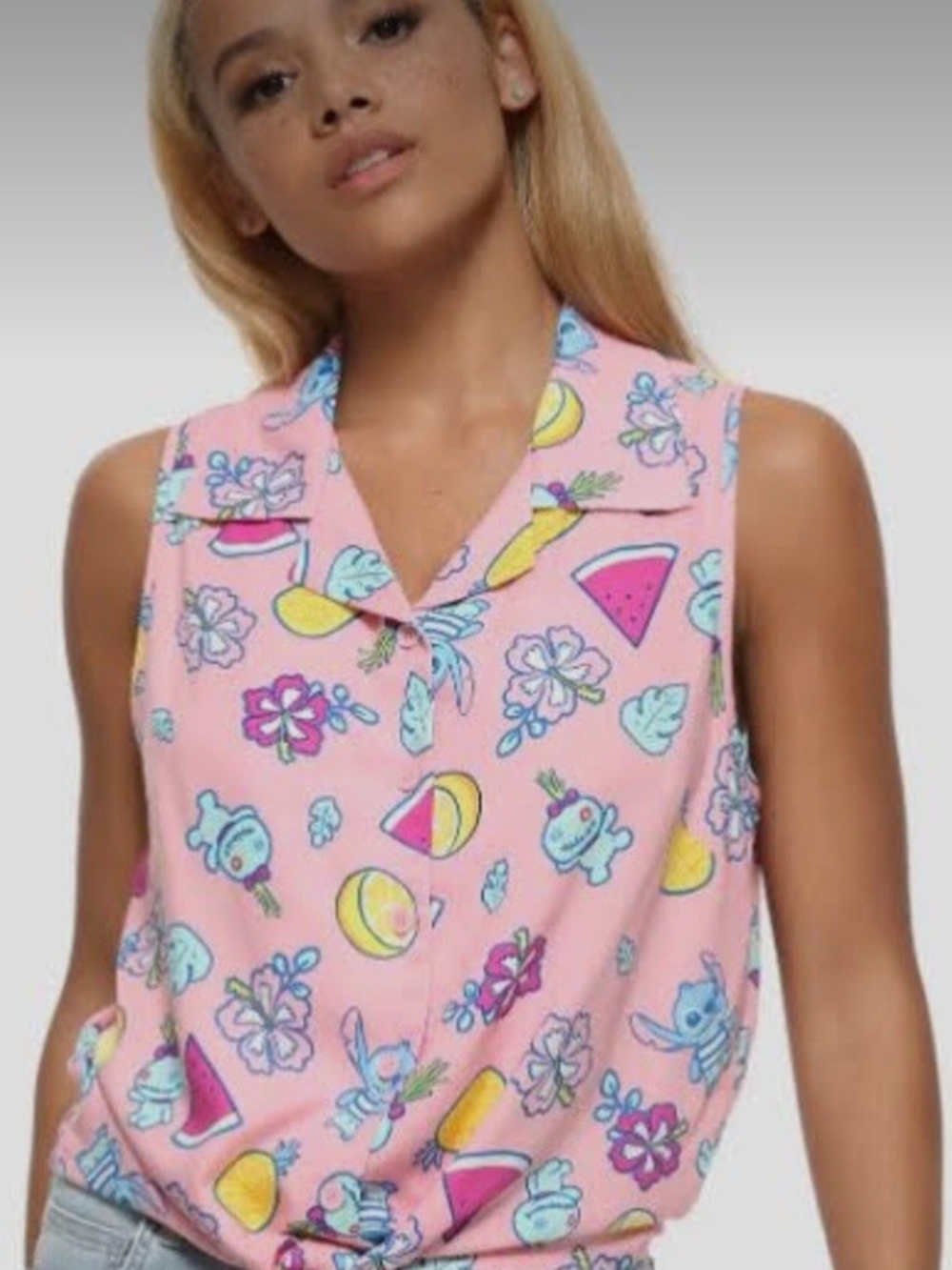 Disney Pink Sleeveless Button Down Shirt with Multicolor Tropical Print